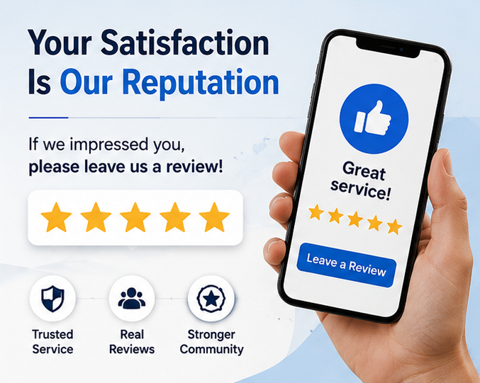 Customer holding a phone showing a 5-star review request — Your Satisfaction Is Our Reputation